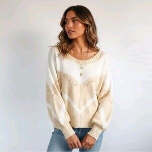 Womens Sweater Large Butter Yellow Knit Oversized Balloon Sleeves Chevron Boho